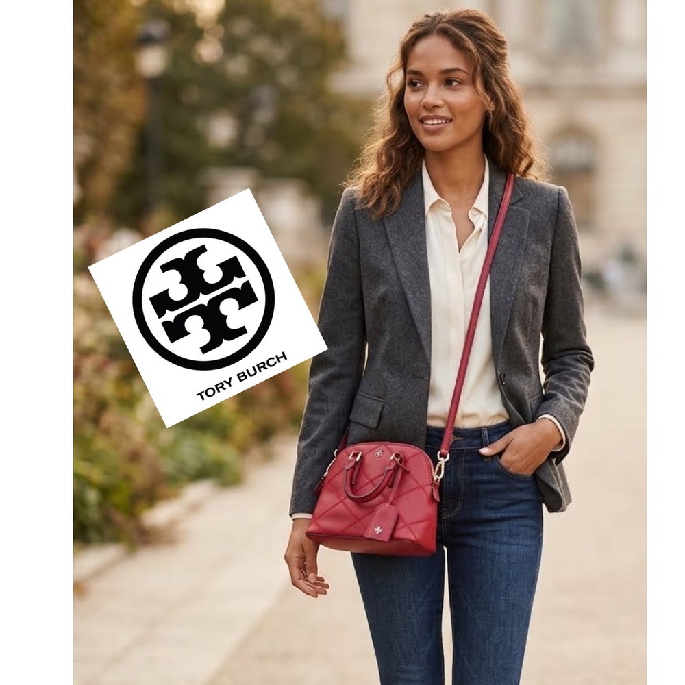Tory Burch Robinson Diamond‎ Quilt Small Satchel Red Saffiano Leather Crossbody